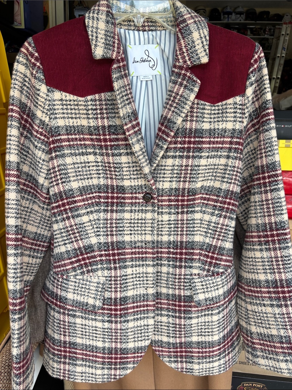 Sam Edelman Burgundy and Cream Plaid Blazer with Corduroy Yoke